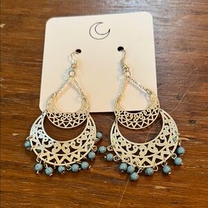 Silver Filigree Crescent Drop Earrings with Blue Beads